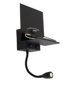 Lámpara de pared moderna negra de 2 luces con USB y brazo flexible