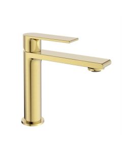 Grifo de lavabo con salida fija plana redonda, oro cepillado