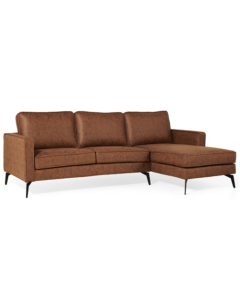 Sofá rinconera Lindsey microcuero cognac con frente a la derecha